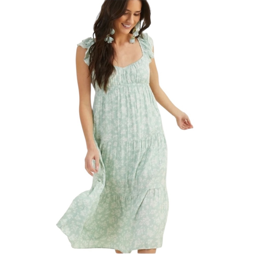 ARULA green white textured floral empire waist tiered ruffle sleeve maxi dress